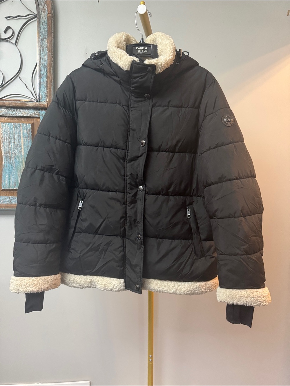 Michael Kors Black Puffer Jacket with Cream Sherpa Trim Large